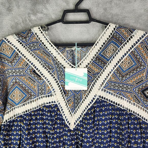 Umgee USA Womens Bohemian Tunic Dress Mixed Print Navy & Yellow 100% Rayon S - Picture 4 of 11